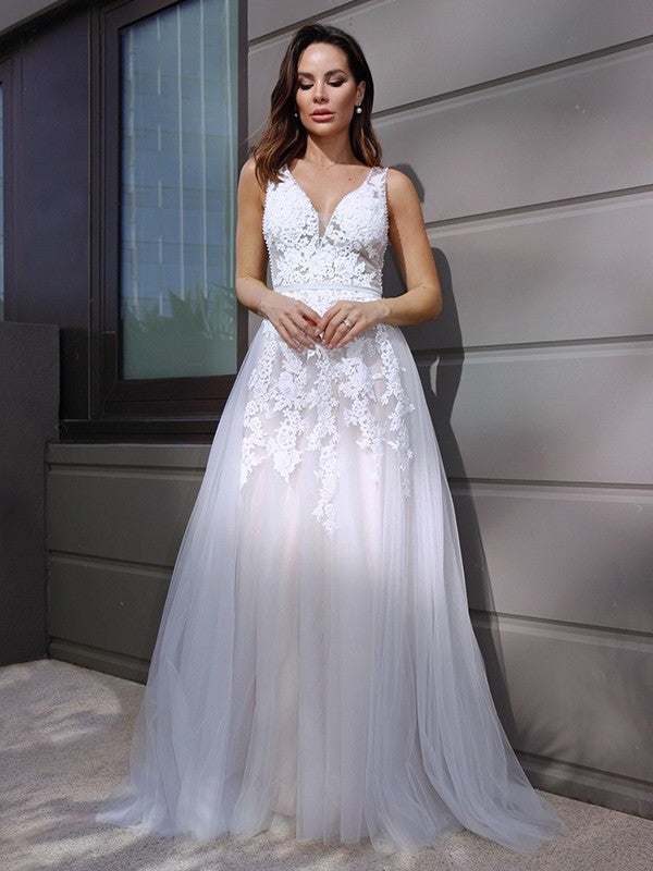 Sweep/Brush Applique Tulle A-Line/Princess V-neck Sleeveless Train Wedding Dresses