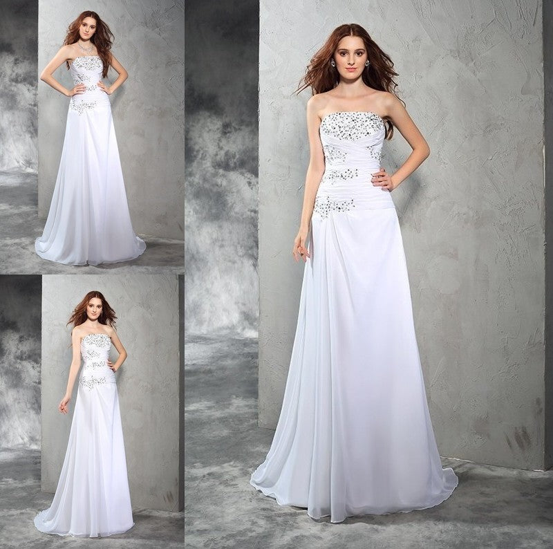 Long Strapless Beading Sleeveless Sheath/Column Chiffon Wedding Dresses