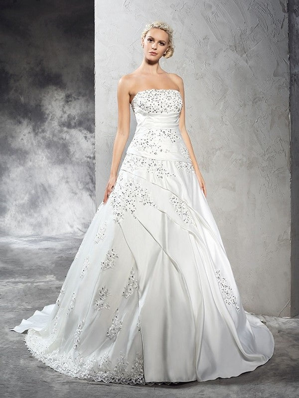 Long Ball Strapless Sleeveless Gown Beading Satin Wedding Dresses