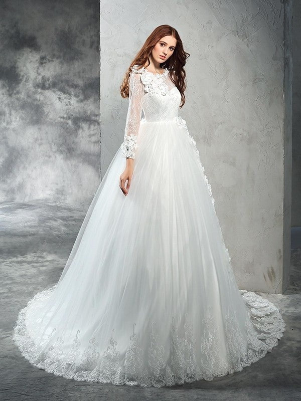 Long Neck Long Sheer Sleeves Gown Flower Hand-Made Ball Net Wedding Dresses