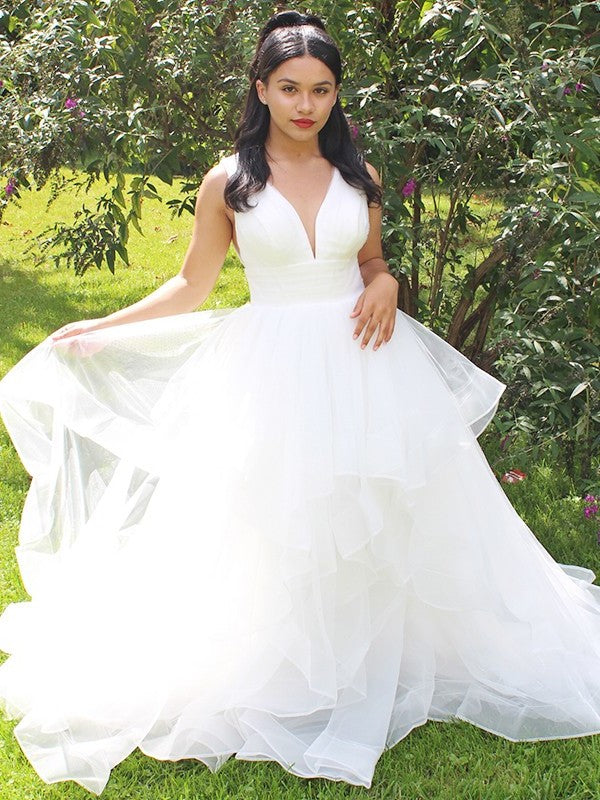 Sleeveless Ruffles Gown V-neck Ball Organza Floor-Length Wedding Dresses