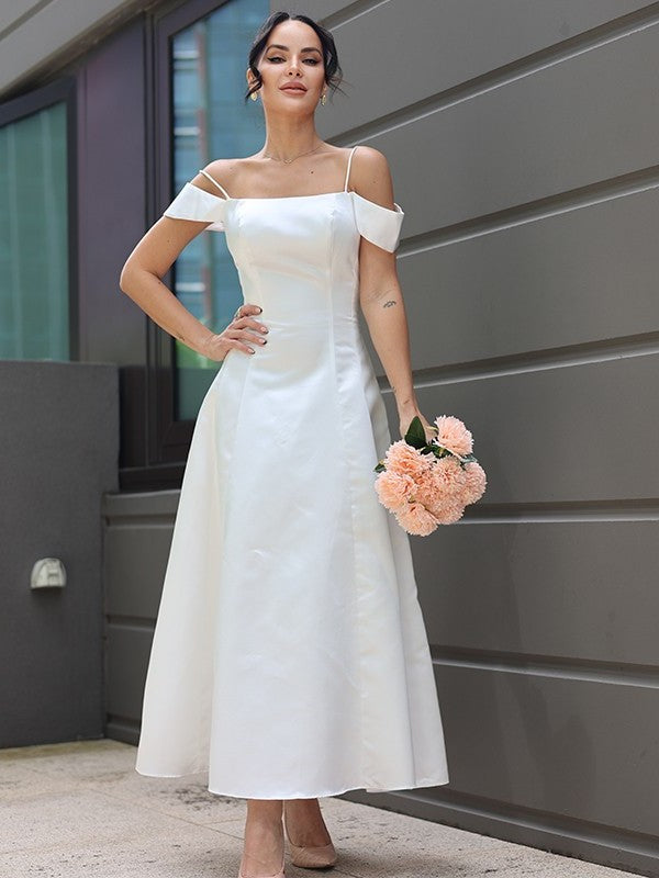 Sleeveless Spaghetti Straps Satin A-Line/Princess Ruffles Ankle-Length Wedding Dresses