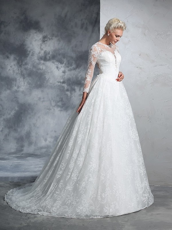 Ball Gown Lace Long Jewel Sleeves Long Lace Wedding Dresses