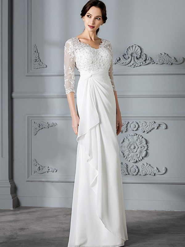 V-neck Chiffon Sheath/Column Sleeves 3/4 Floor-Length Wedding Dresses