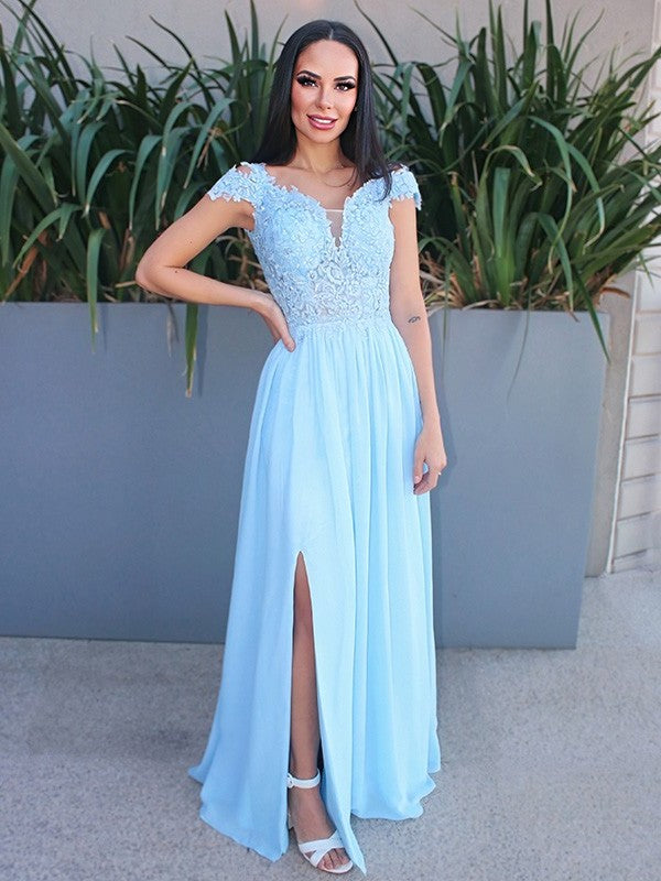 Sleeveless Off-the-Shoulder Floor-Length A-Line/Princess Chiffon Applique Dresses