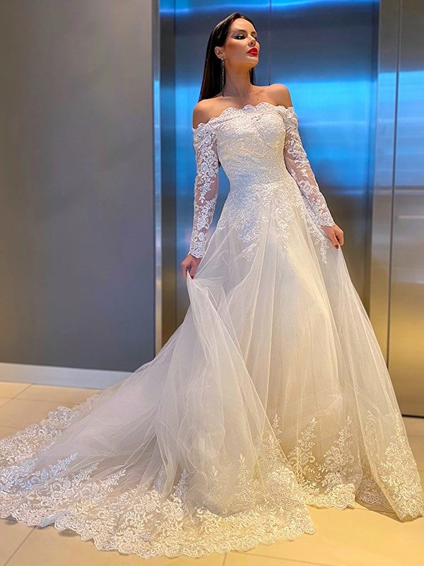 Sweep/Brush Applique Long Sleeves Lace A-Line/Princess Off-the-Shoulder Train Wedding Dresses