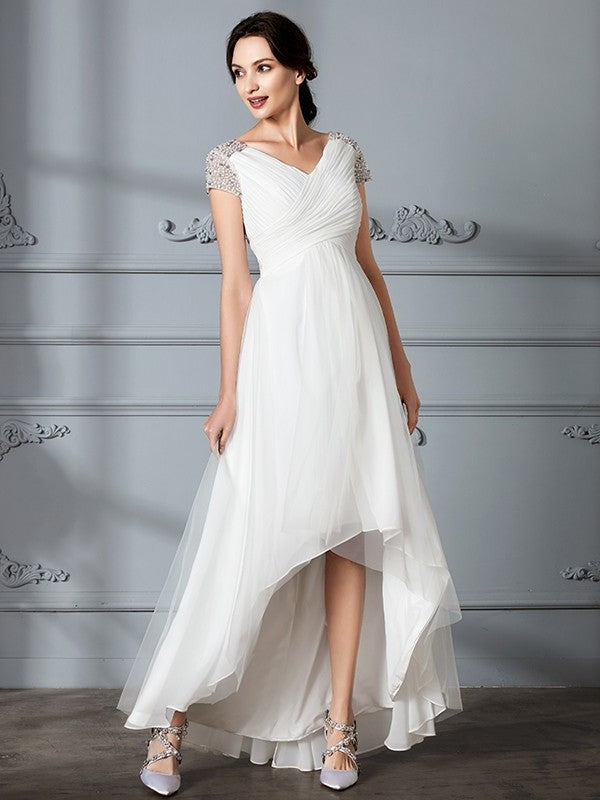 Asymmetrical Short V-neck A-Line/Princess Sleeves Tulle Wedding Dresses