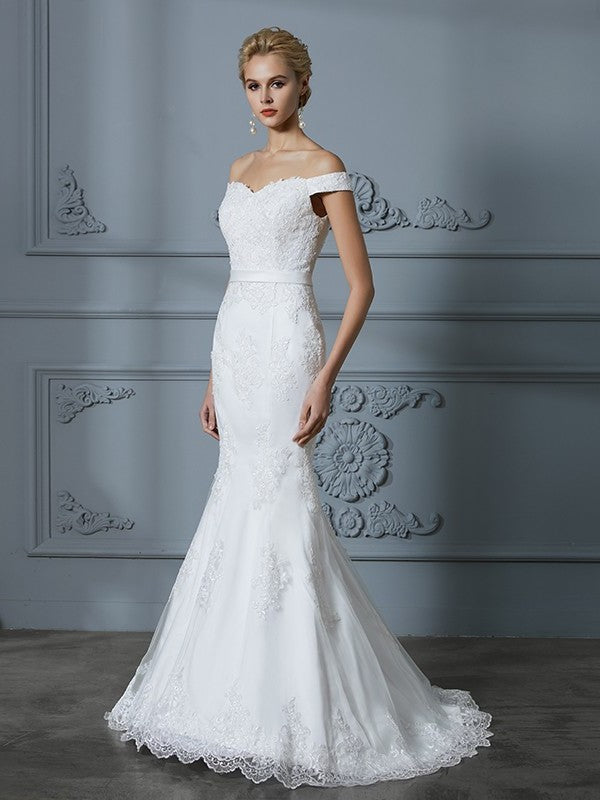 Trumpet/Mermaid Sleeveless Off-the-Shoulder Train Lace Sweep/Brush Tulle Wedding Dresses