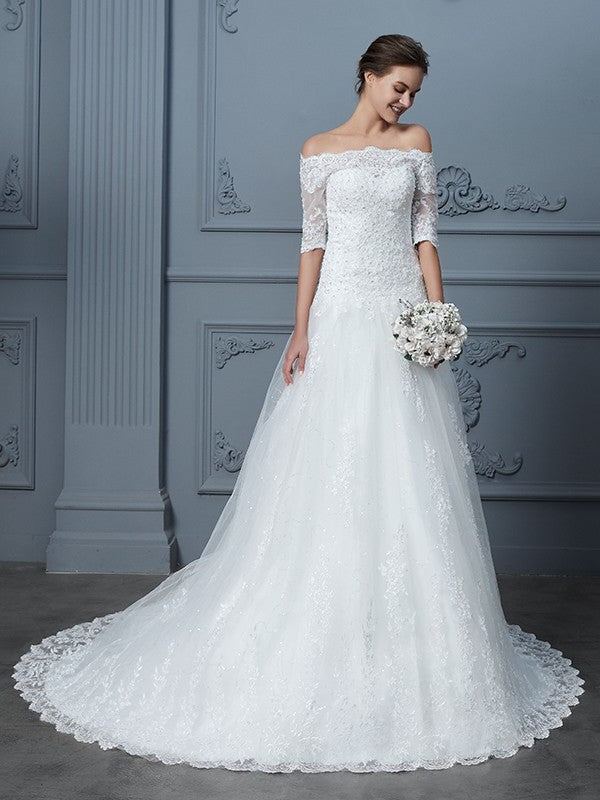 Ball Court Sleeves 1/2 Off-the-Shoulder Gown Train Beading Lace Wedding Dresses