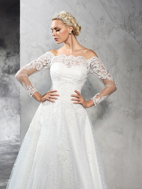 Lace Long Gown Long Sleeves Off-the-Shoulder Ball Net Wedding Dresses