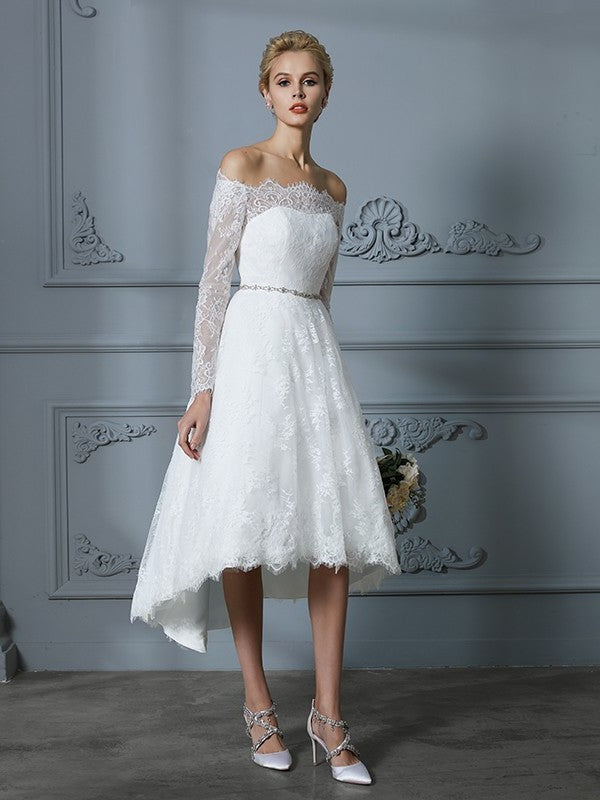 Sleeves Long A-Line/Princess Asymmetrical Off-the-Shoulder Lace Wedding Dresses