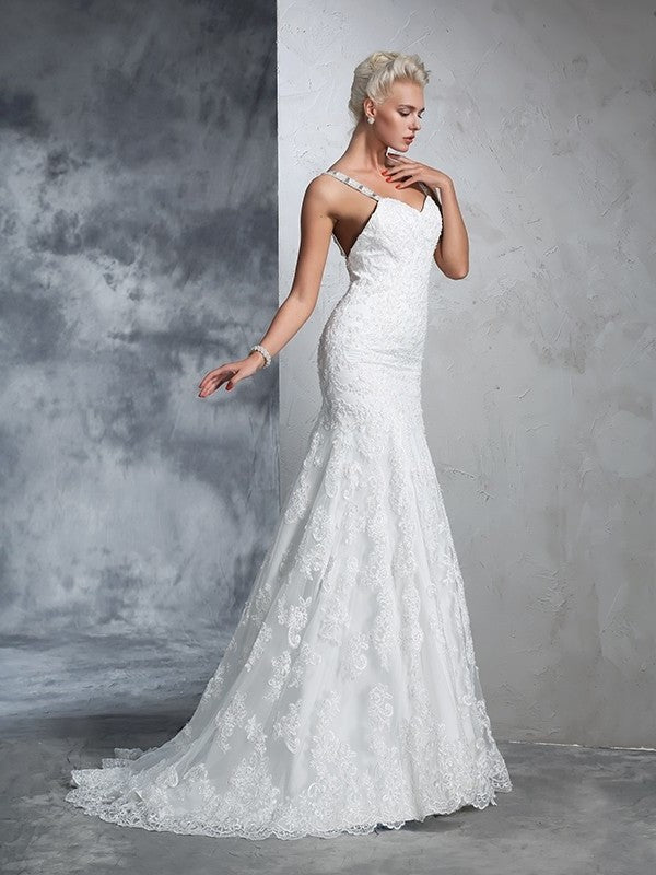 Long Sleeveless Trumpet/Mermaid Straps Spaghetti Lace Lace Wedding Dresses