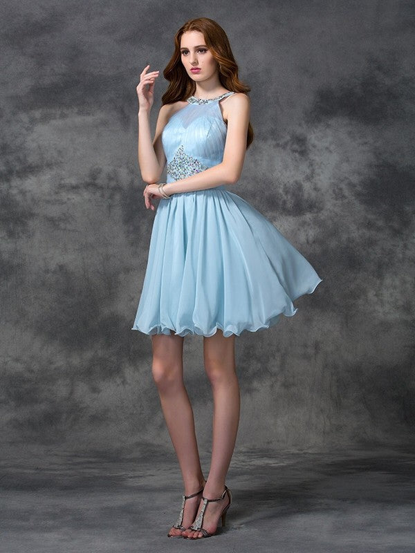 A-line/Princess Scoop Beading Sleeveless Short Chiffon Homecoming Dresses Cocktail Dresses Corinne