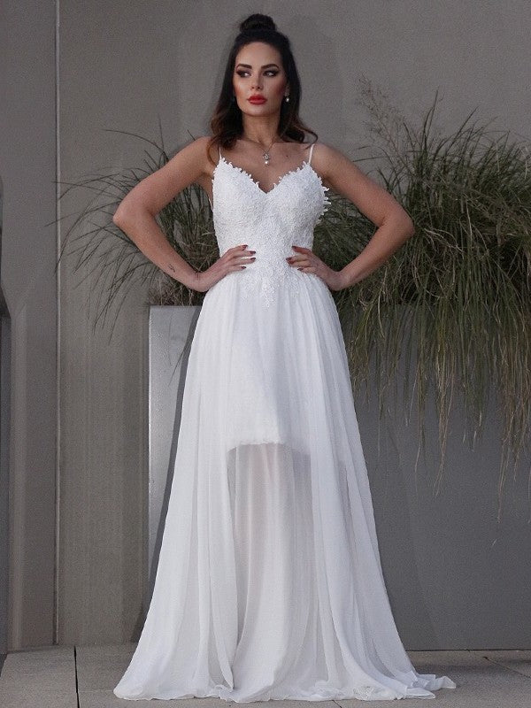 Sweep/Brush Chiffon Sleeveless V-neck A-Line/Princess Applique Train Wedding Dresses