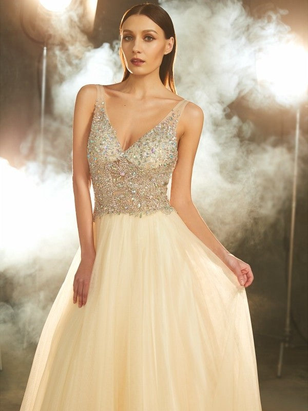 Ball Gown V-neck Sleeveless Beading Floor-length Tulle Dresses