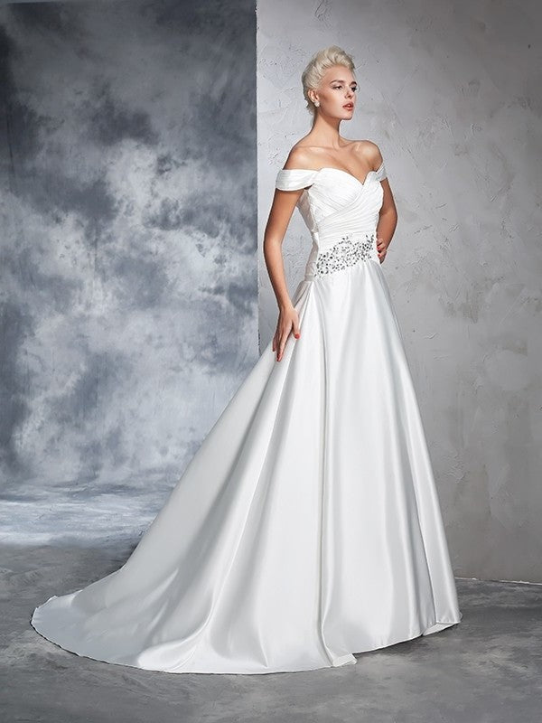 Off-the-Shoulder Long Sleeveless Gown Ruched Ball Taffeta Wedding Dresses