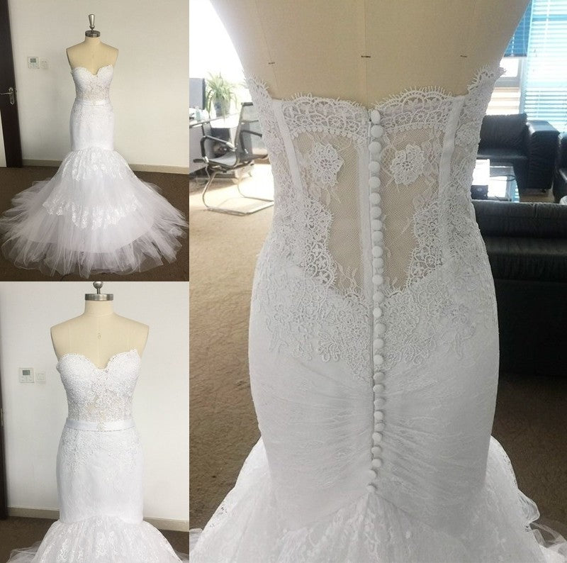 Court Trumpet/Mermaid Train Lace Sweetheart Tulle Sleeveless Wedding Dresses