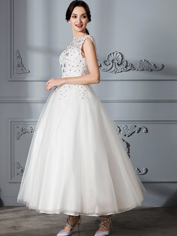 Gown Sleeveless Tea-Length Ball Scoop Tulle Wedding Dresses