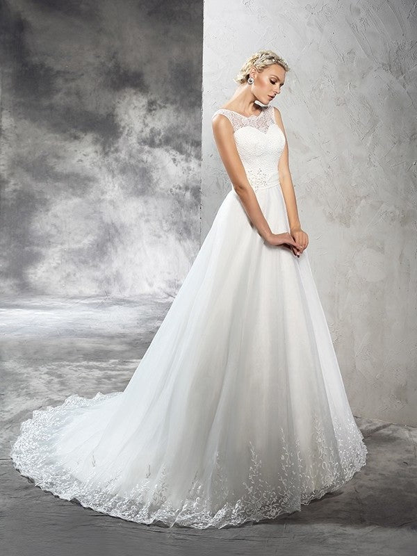 Gown Neck Ball Sleeveless Sash/Ribbon/Belt Long Sheer Net Wedding Dresses