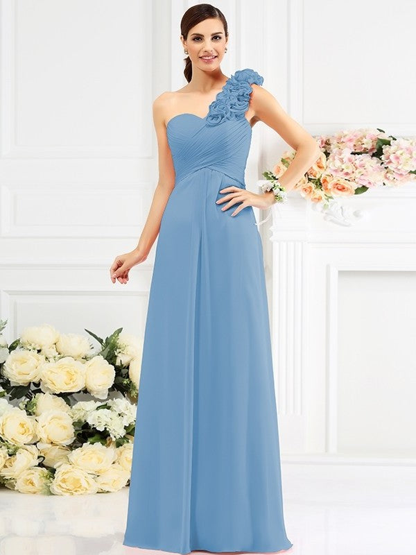 Hand-Made One-Shoulder A-Line/Princess Sleeveless Long Flower Chiffon Bridesmaid Dresses