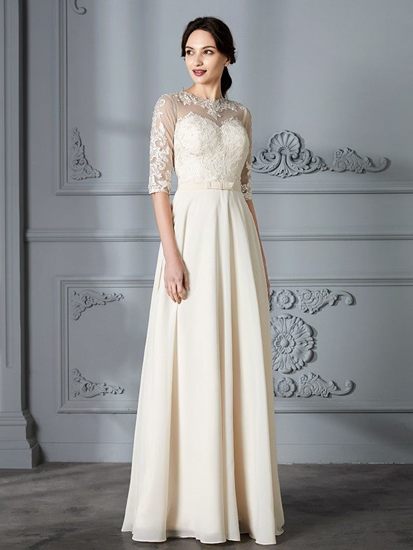 Floor-Length Scoop A-Line/Princess 1/2 Sleeves Chiffon Wedding Dresses