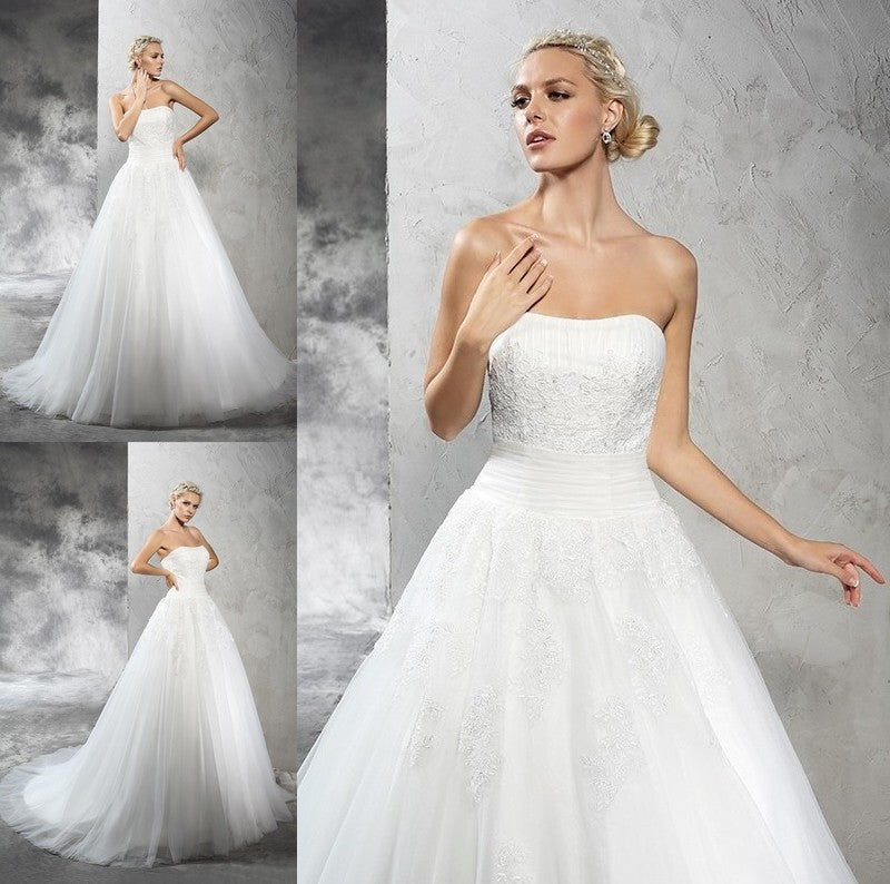 Strapless Ball Sleeveless Gown Long Applique Satin Wedding Dresses