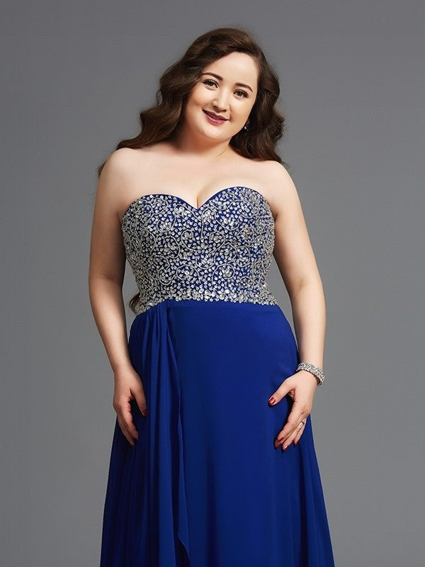 Chiffon Long Sleeveless Rhinestone Sweetheart A-Line/Princess Plus Size Dresses