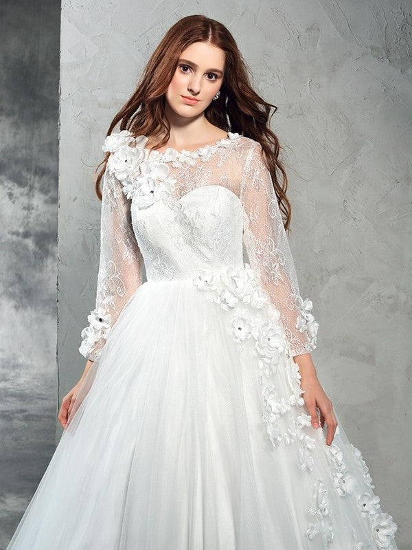 Long Neck Long Sheer Sleeves Gown Flower Hand-Made Ball Net Wedding Dresses