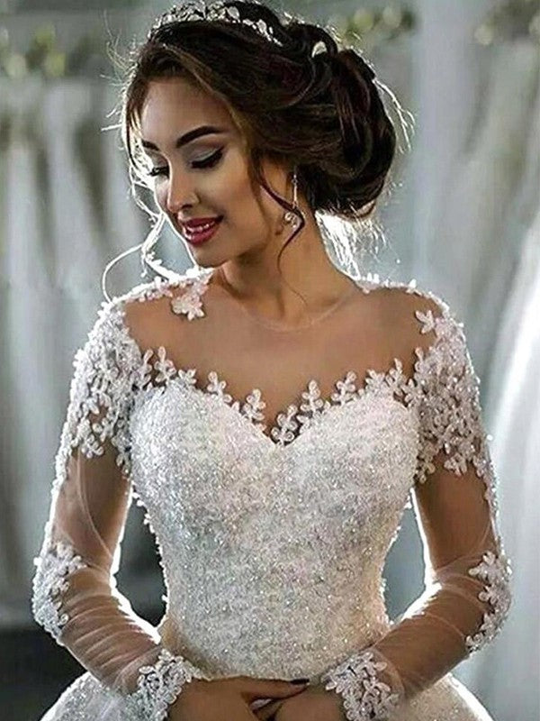 Gown Tulle Court Applique Sleeves Ball Long Scoop Train Wedding Dresses