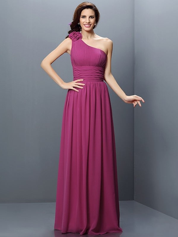 A-Line/Princess Long Sleeveless One-Shoulder Pleats Chiffon Bridesmaid Dresses