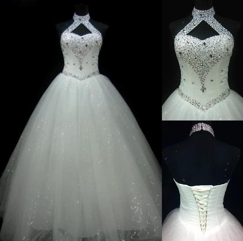 Floor-Length Sequin Sleeveless Halter Ball Gown Beading Tulle Wedding Dresses