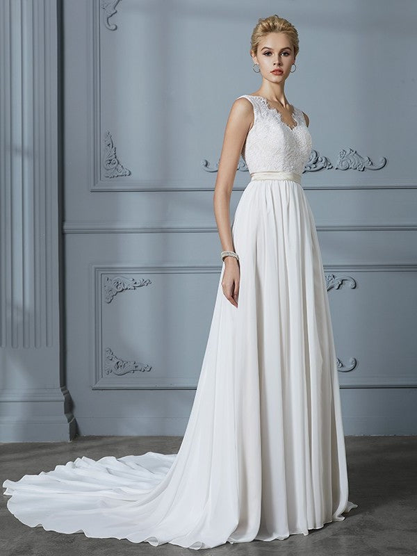 A-Line/Princess Chiffon Sleeveless V-neck Court Train Wedding Dresses