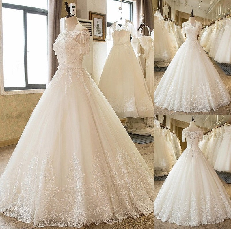 Gown Lace Ball 1/2 Floor-Length Off-the-Shoulder Sleeves Applique Tulle Wedding Dresses