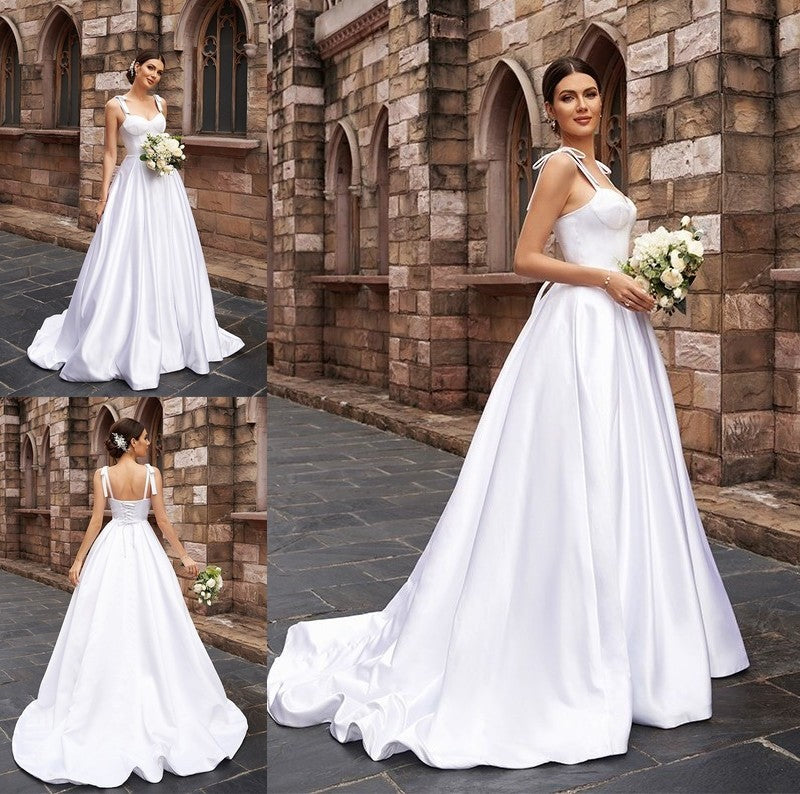 Satin A-Line/Princess Straps Sleeveless Sweep/Brush Ruffles Train Wedding Dresses