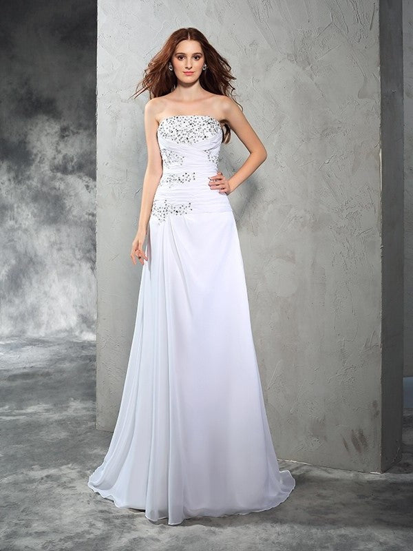 Long Strapless Beading Sleeveless Sheath/Column Chiffon Wedding Dresses