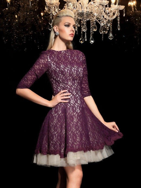 1/2 Lace Sleeves Neck Short A-Line/Princess Sheer Lace Cocktail Dresses