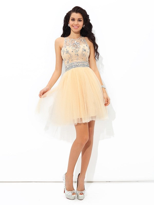 A-Line/Princess Sheer Neck Beading Sleeveless Short Net Homecoming Dresses Cocktail Zoe Dresses