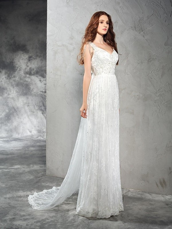 Lace A-Line/Princess Long Straps Sleeveless Lace Wedding Dresses