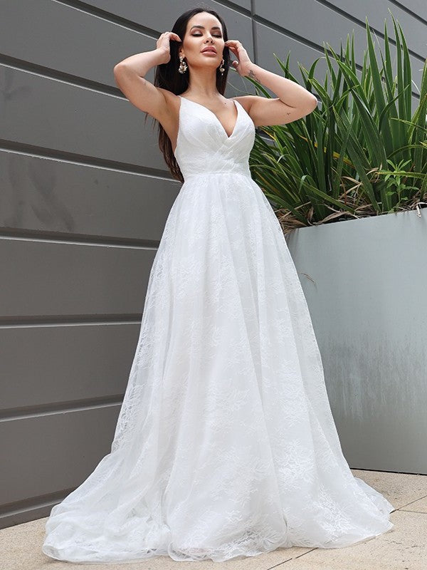 A-Line/Princess Lace Ruched Sweep/Brush V-neck Sleeveless Train Wedding Dresses