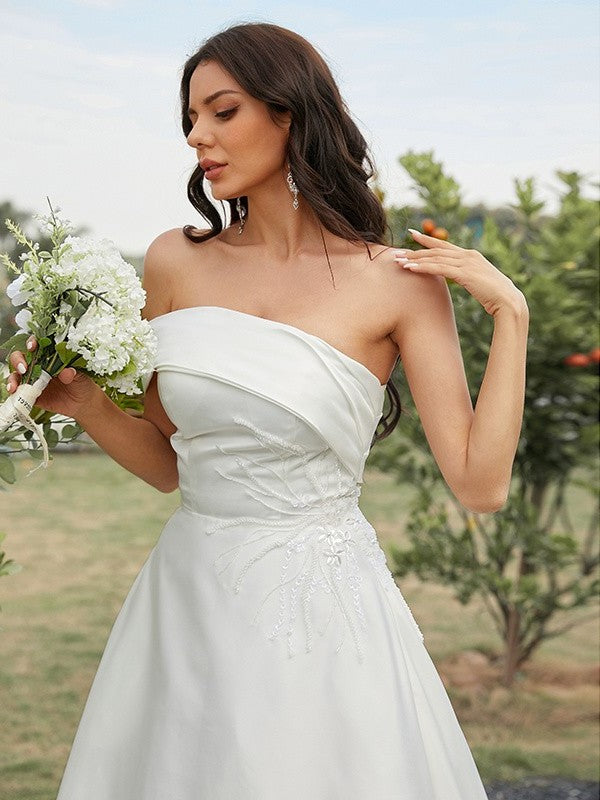 Sweep/Brush Sleeveless Strapless Satin A-Line/Princess Ruched Train Wedding Dresses