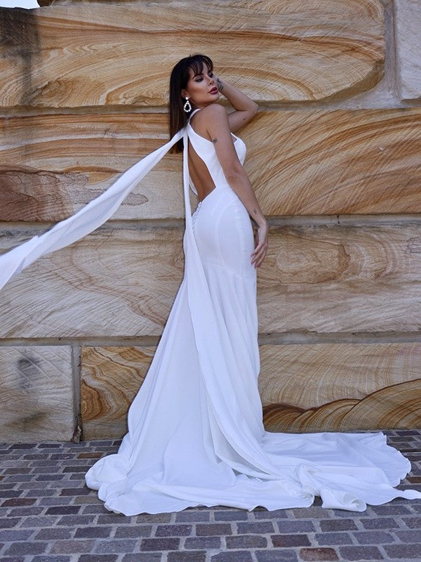 Ruffles Trumpet/Mermaid Crepe Court Stretch Sleeveless Halter Train Wedding Dresses