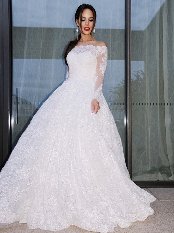 Bateau Gown Lace Ball Sleeves Long Floor-Length Wedding Dresses