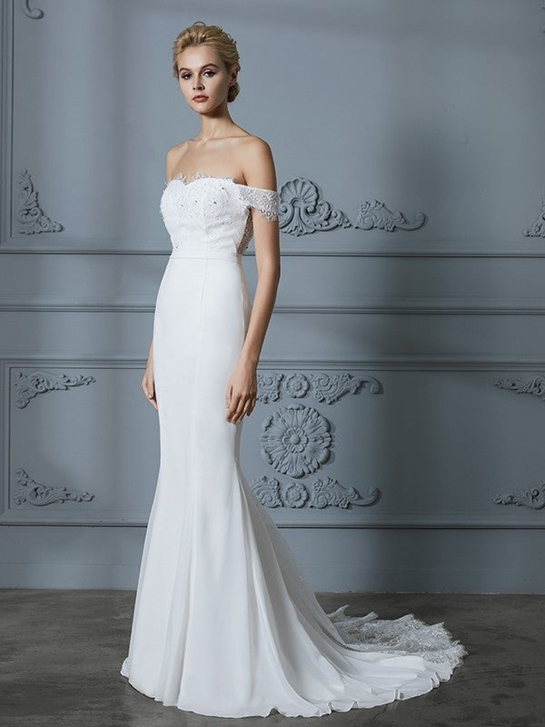 Sweep/Brush Lace Sleeveless Chiffon Off-the-Shoulder Trumpet/Mermaid Train Wedding Dresses