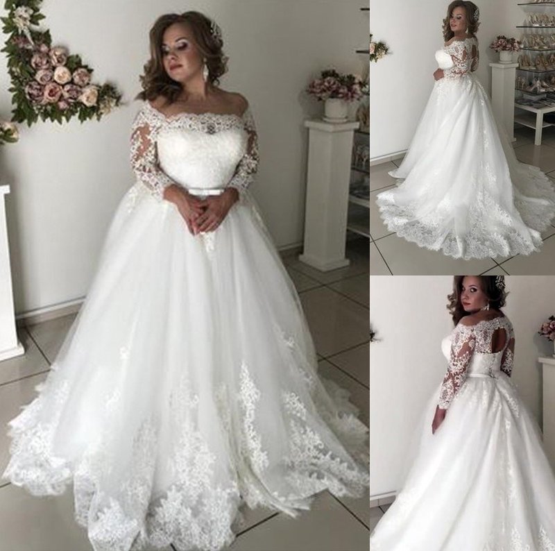 Off-the-Shoulder A-Line/Princess Long Train Sleeves Lace Sweep/Brush Tulle Wedding Dresses