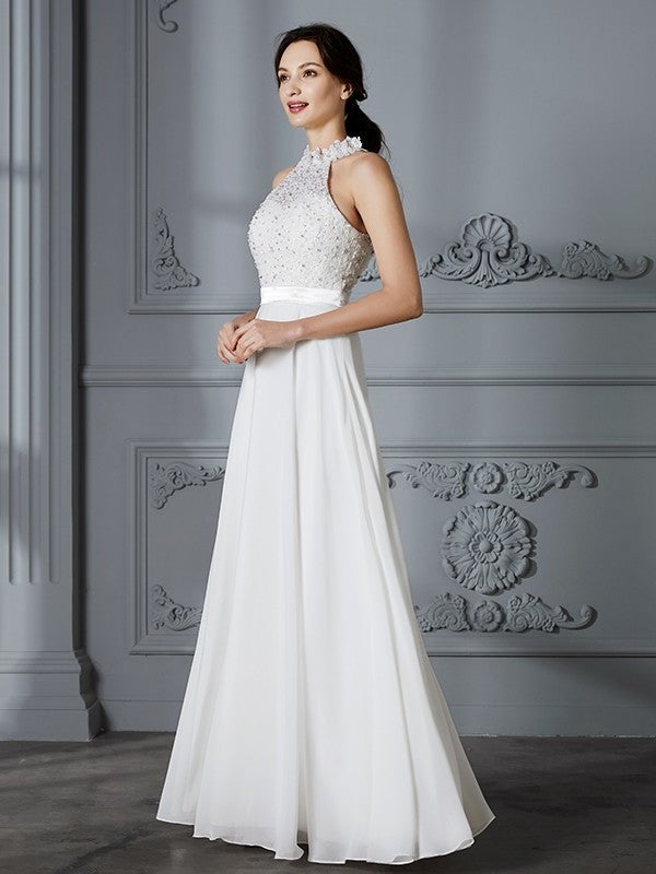 Scoop Sleeveless A-Line/Princess Floor-Length Chiffon Wedding Dresses