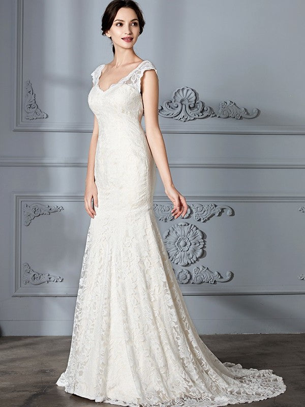 Sleeveless Sweep/Brush V-Neck Lace Trumpet/Mermaid Train Wedding Dresses