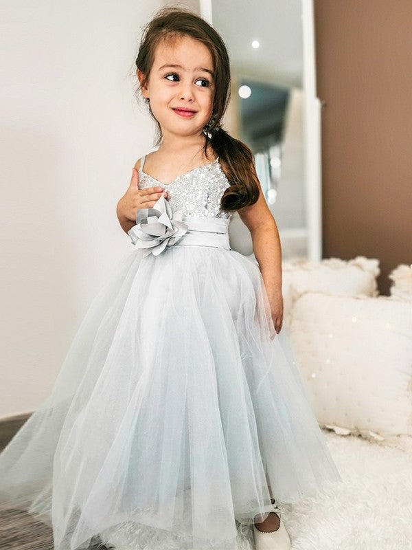 A-Line/Princess Sequin Tea-Length Spaghetti Tulle Sleeveless Straps Flower Girl Dresses