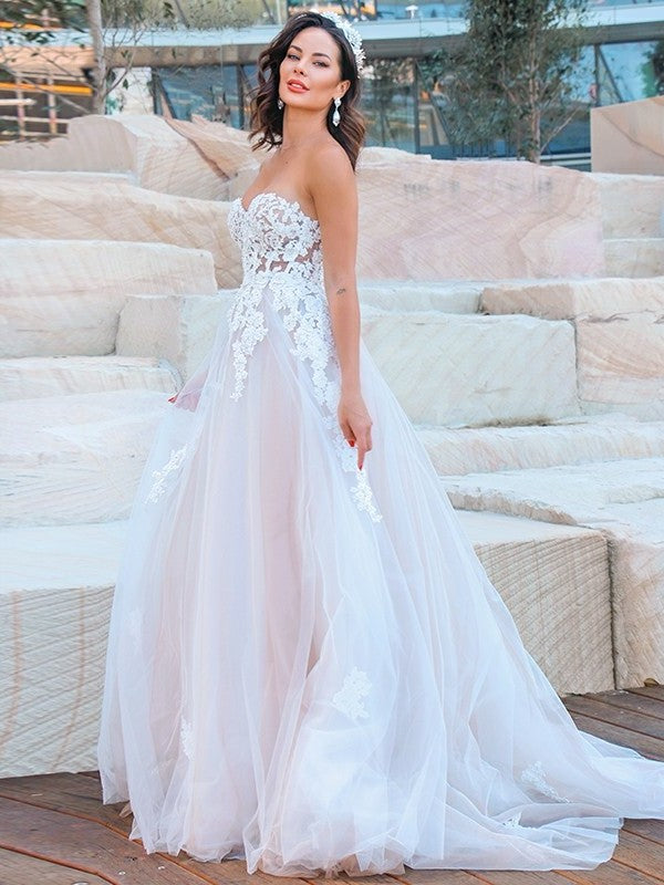 Sleeveless A-Line/Princess Sweetheart Sweep/Brush Tulle Applique Train Wedding Dresses