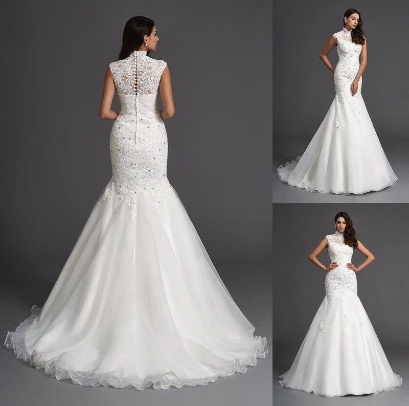 Neck Beading Trumpet/Mermaid Long Sleeveless High Organza Wedding Dresses