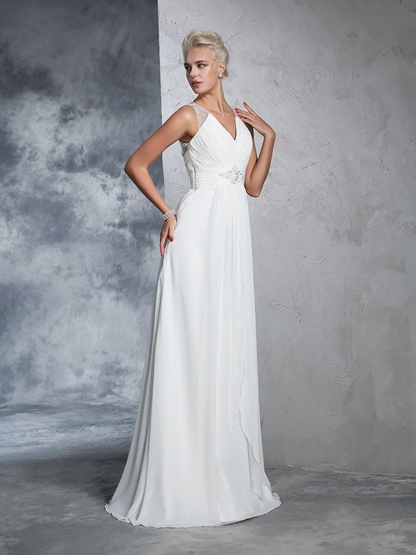 V-neck Ruched Long Sleeveless A-Line/Princess Chiffon Wedding Dresses